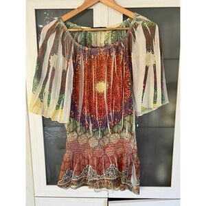 Seductions Women Boho Mandala Paisley Print Smocked Waist Flutter Sleeve Blouse